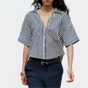 ZARA Striped Button-Front Short Sleeve Top - Navy/White, Size Small